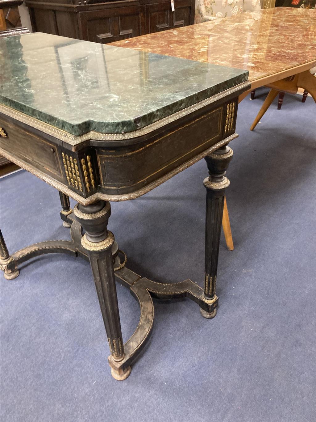 A 19th century French ebonised marble top jardiniere table, width 88cm, depth 48cm, height 86cm